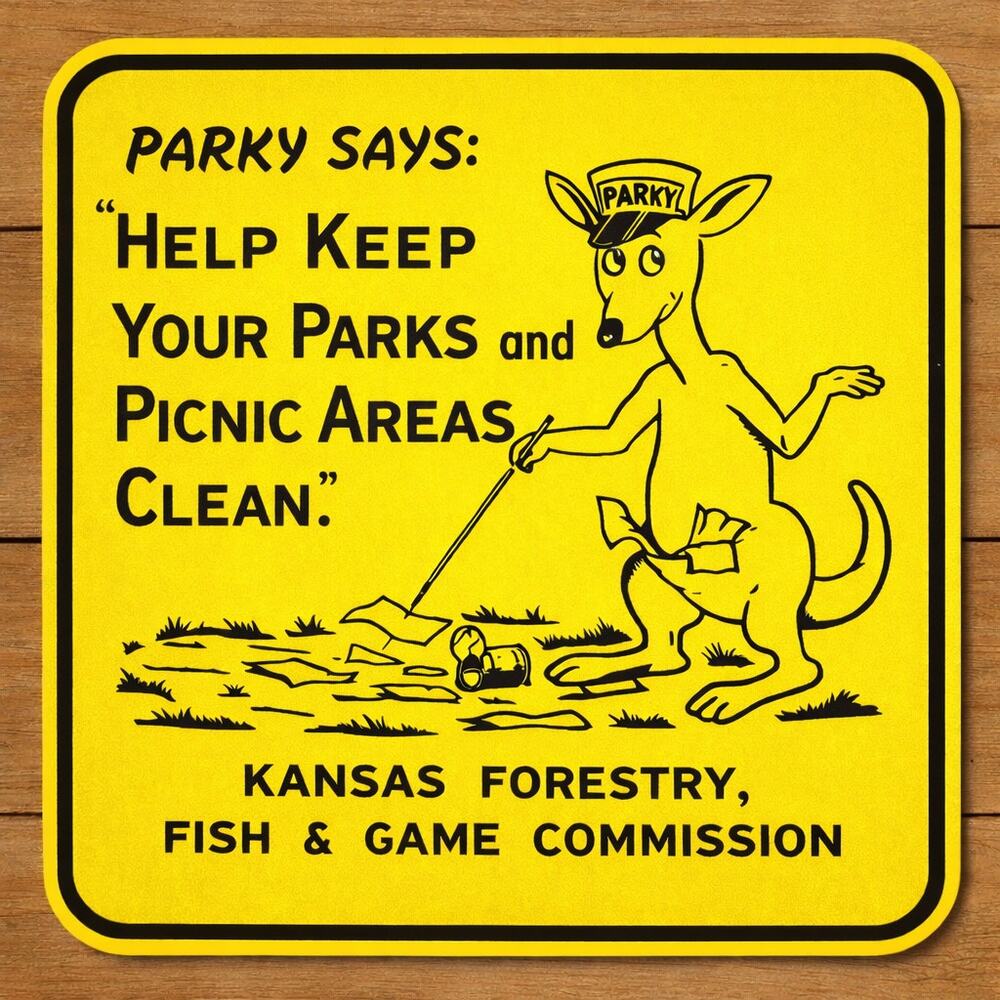 Kansas Forestry Fish and Game Commission Sign Parky Say Keep Your Parks Clean